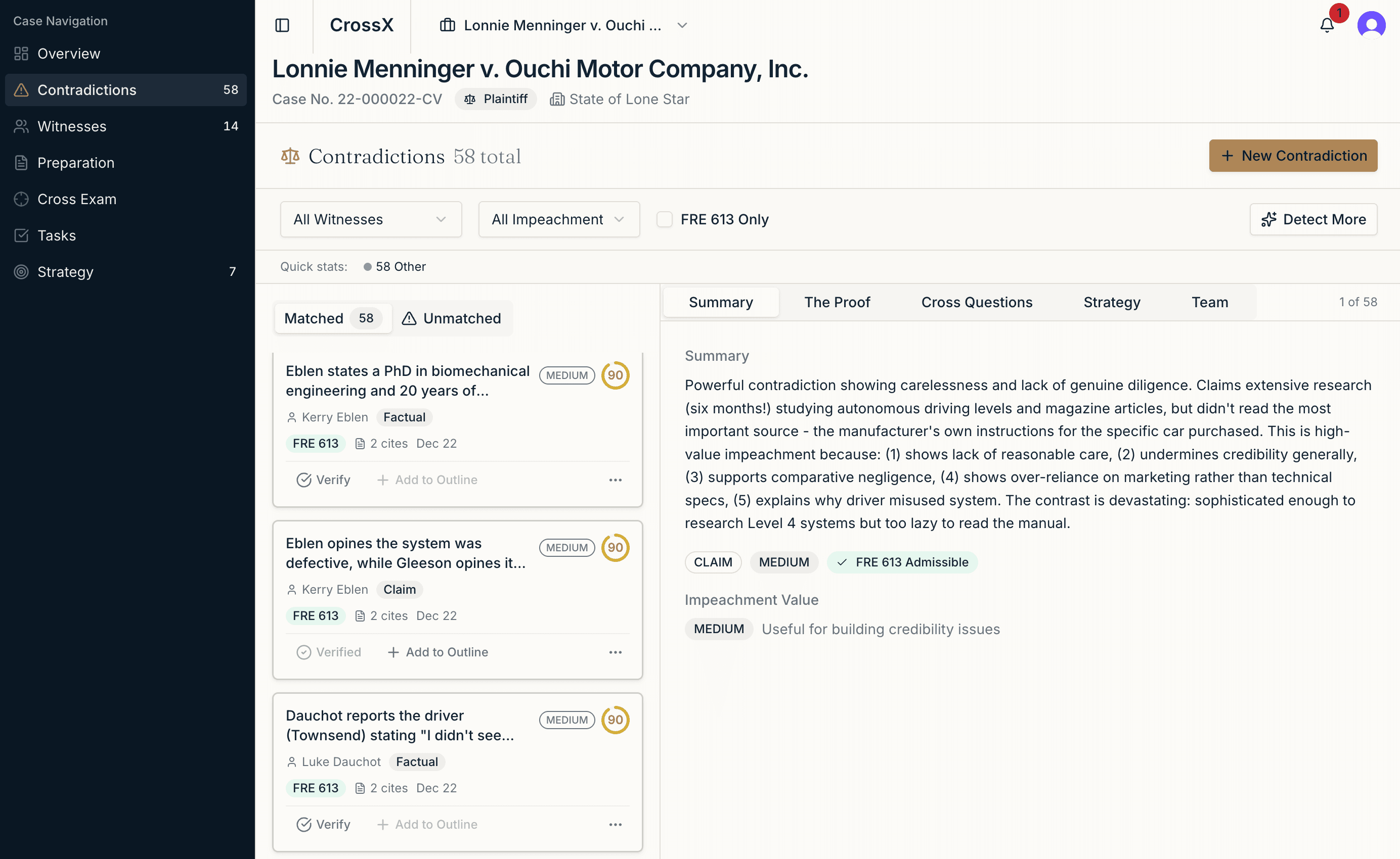 CrossX contradiction detection interface showing case analysis